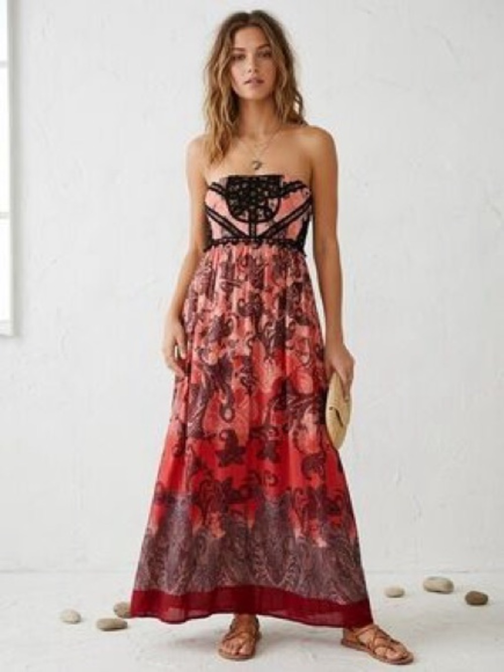Free people vintage Y2K ombré paisley strapless prom wedding evening maxi dress